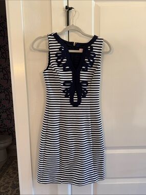 Lilly Pulitzer Navy and White Striped Sleeveless Dress with Decorative Trim XS